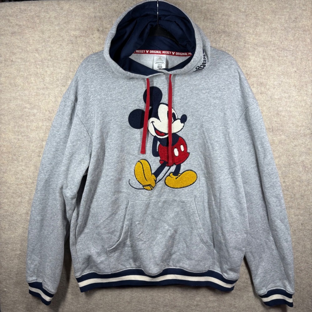 Disney‎ Mickey Mouse Gray Hoodie Chenille Patch Navy Hood Mens Medium Sweatshirt